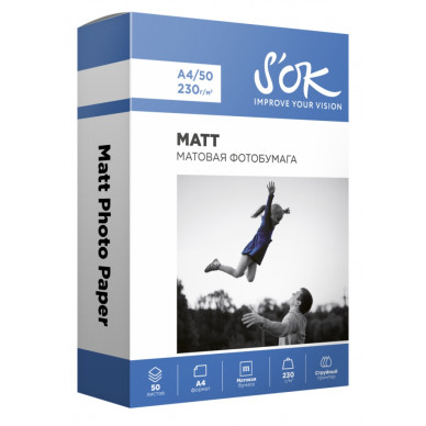 Фотобумага S'OK матовая, формат А4, плотность 230г/м2, 50 листов