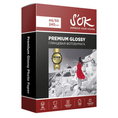 Фотобумага Premium S'OK глянцевая, формат А6, плотность 240г/м2, 50 листов
